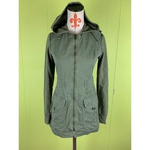 True Craft Women's Olive Green Military Jacket Hood Pockets Zipper Sz XS